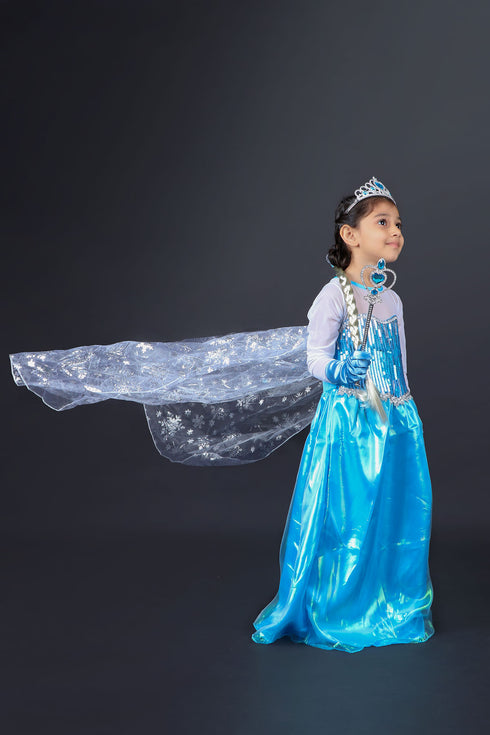 BookMyCostume Snow Queen with Gloves Wand Crown and Wig Accessories Frozen Fairy Tale Kids Fancy Dress Costume | Imported